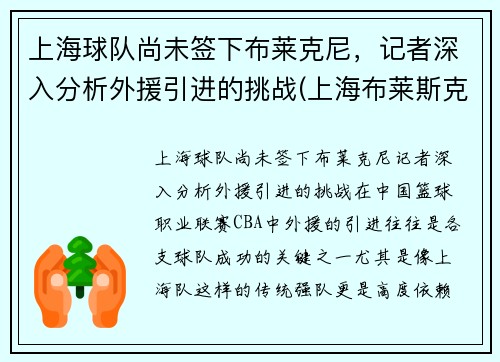 上海球队尚未签下布莱克尼，记者深入分析外援引进的挑战(上海布莱斯克石油设备有限公司)